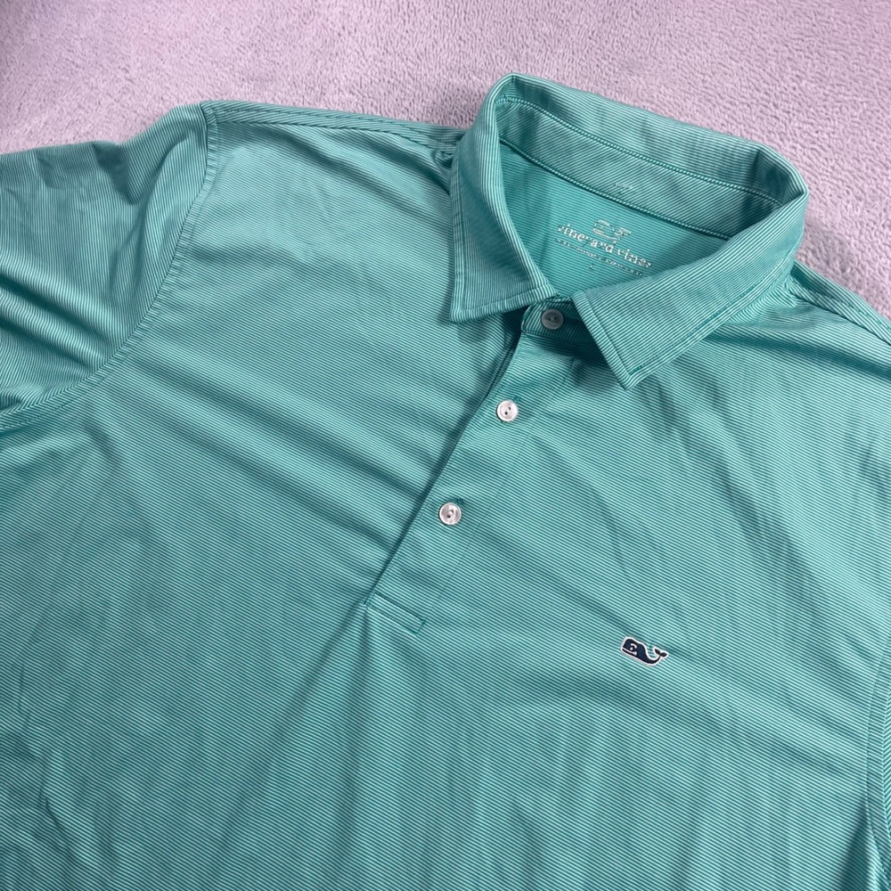 Vineyard Vines Mens Large Performance Polo Shirt Teal Green Micro Stripe Golf